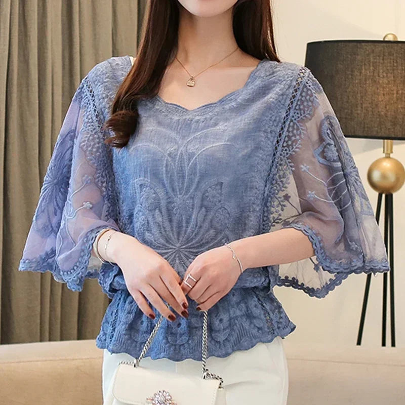 Women's Blouse Summer Fashion Elegant Women's Chiffon Shirt Hollow Out Three Quarter Shirts Butterfly Flower Lady Tops Clothing