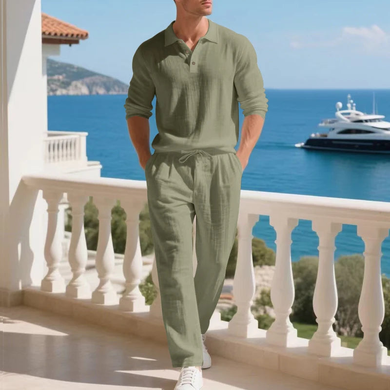 Men's Clothing Set Linen Two-Piece Set: Long-Sleeve Polo Shirt and Straight-Leg Pants Set, Casual Beach Sportswear