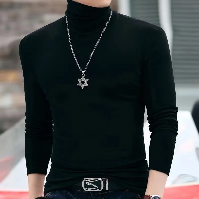 Men's Autumn and Winter Clothing, Warm High Neck T-Shirt, Slim Fit, Fashionable, High Stretch Long Sleeved Casual Breathable Pul