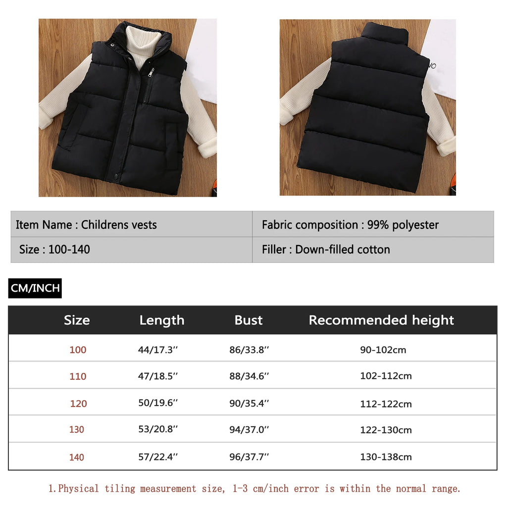 Children's Down Cotton Jacket,Girls Winter Vest,Warm Sleeveless Fleece Boys Waistcoat,Stand Collar Toddlers Quilted Coat