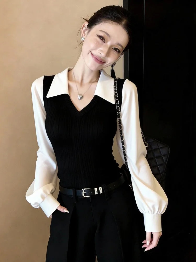 Women Shirts Patchwork Fake Two Piece Long Sleeve Contrast Color Vintage Elegant Office Lady Blouse Female Casual Tops