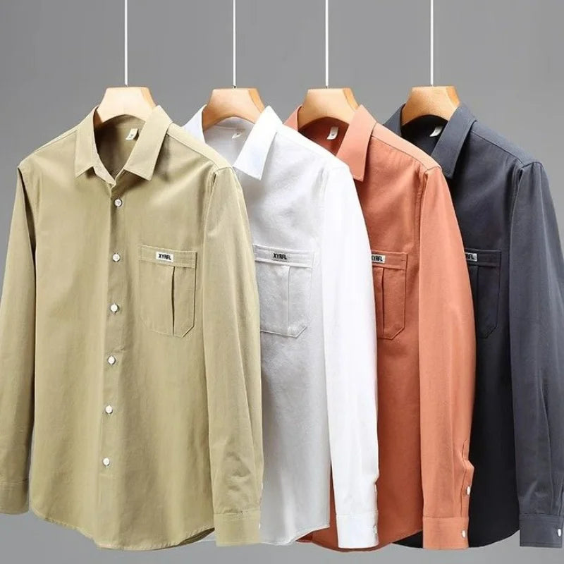 Men's Clothing Trend Simple Casual Pocket All Match Button Up Shirt Spring Autumn Solid Long Sleeve Loose Tops Camisas De Hombre