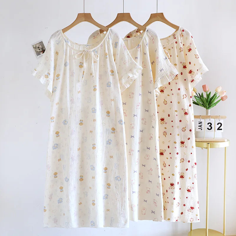 Ladies' Cotton Cloth Sleeping Dresses for Spring and Summer Newest Loose Home Clothes Cute Sweet Women Nightwear Clothes