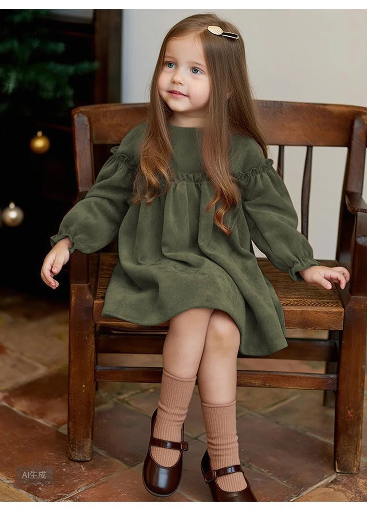 Children Clothing 2025 Autumn and Winter New Corduroy Long Sleeved Girls Baby Round Neck Lace Sleeves Cute Dress