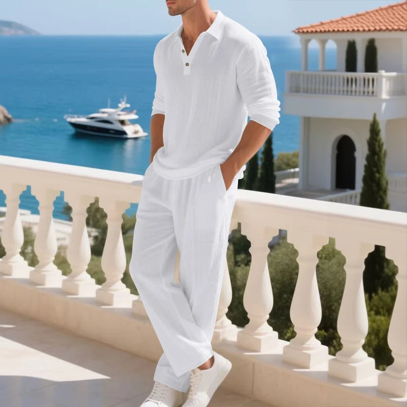 Men's Clothing Set Linen Two-Piece Set: Long-Sleeve Polo Shirt and Straight-Leg Pants Set, Casual Beach Sportswear