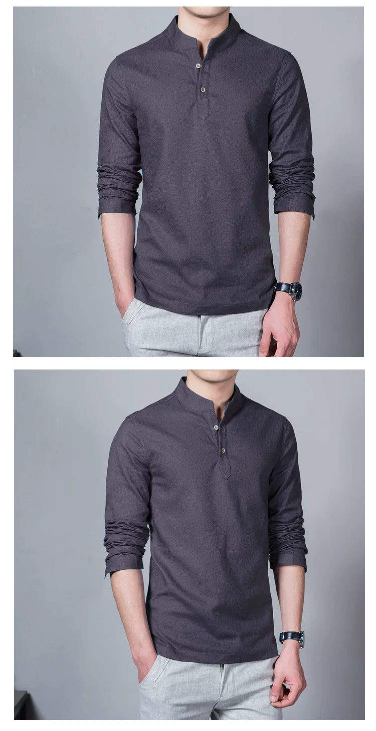 Men's Clothing  Men Spring Tops & Tees Male Fashion T-Shirts Stand Collar Long-sleeved Slim Base Shirt Homme Linen t-shirt