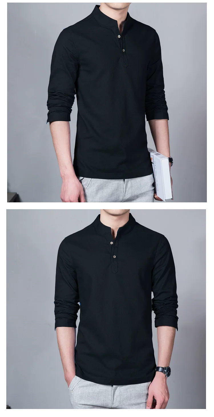 Men's Clothing  Men Spring Tops & Tees Male Fashion T-Shirts Stand Collar Long-sleeved Slim Base Shirt Homme Linen t-shirt